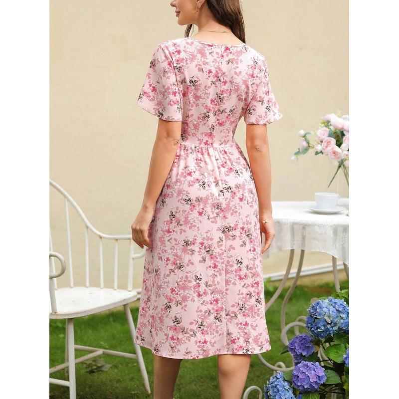 Women Floral Print Midi Dress V Neck Flutter Sleeve Waist Tie Casual Daily And Party Wear