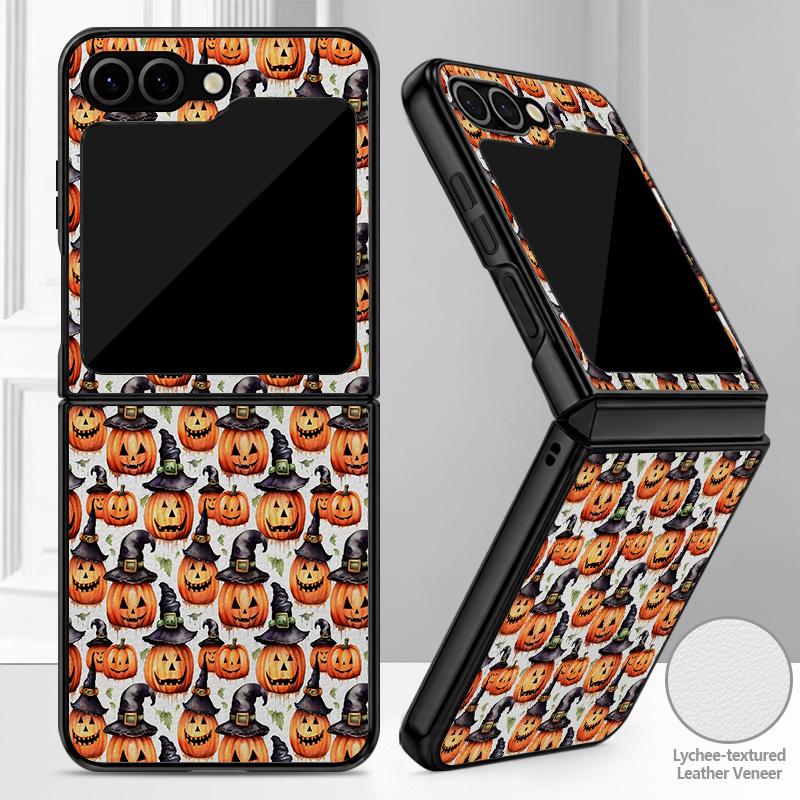 Funda de Halloween Linterna de Calabaza Fantasma Para Samsung Galaxy Z Flip 8 7 FE 6 5 4 Z Flip8 Flip7 Flip6 Flip5 Piel Híbrida de Cuero Bumper Duro de PC Cubierta