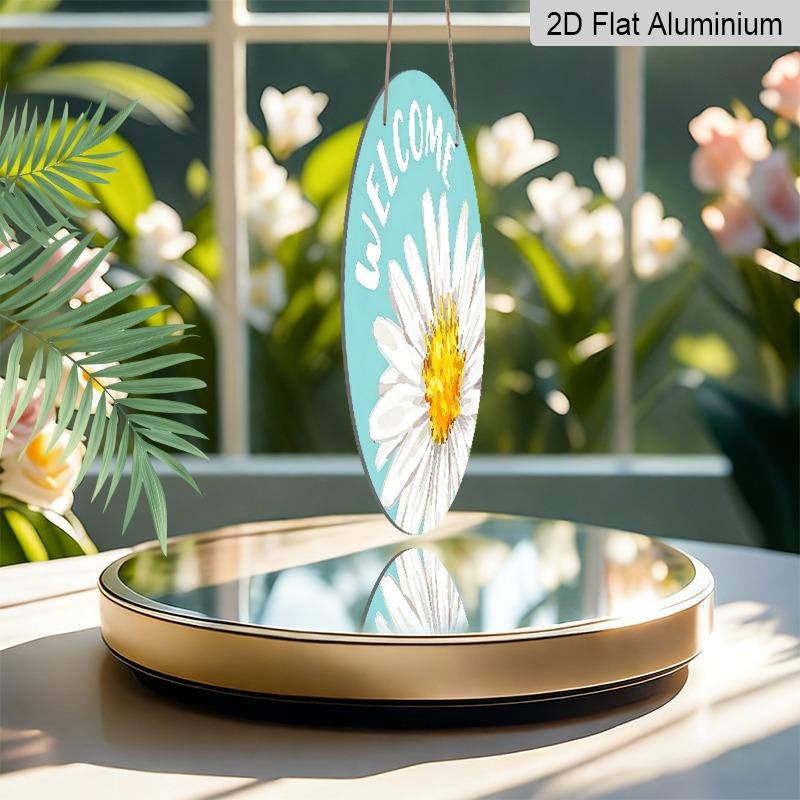 2D Flat Watercolor Daisy Welcome Hanging Sign, Aluminum Decorative Sign and Plaque, Various Sizes. Simple Style, Sea Blue Background, Floral Wall