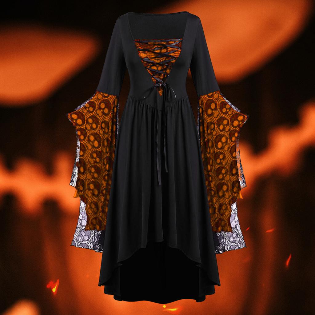 Renaissances Costume Gothic Lace Up Maxi Dress Medieval Dress with Trumpet Sleeves Wickeds Witch Costumes for Womens