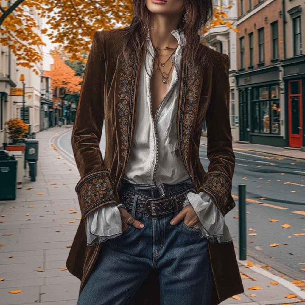 Cardigan de Veludo Vintage Feminino de Manga Comprida com Abertura Casual e Casaco de Comprimento Médio