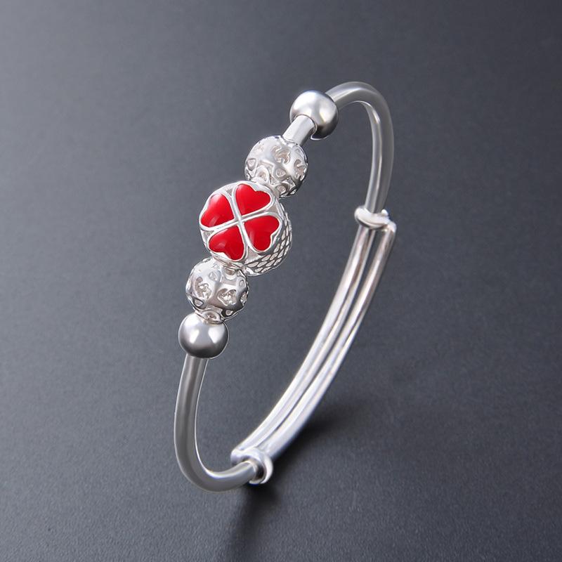 S990 Silver Bracelet Women's Korean Edition Minimalist Red Dropped Oil Clover Bracelet Fashion Hand Decoration Foot Silver Bracelet
