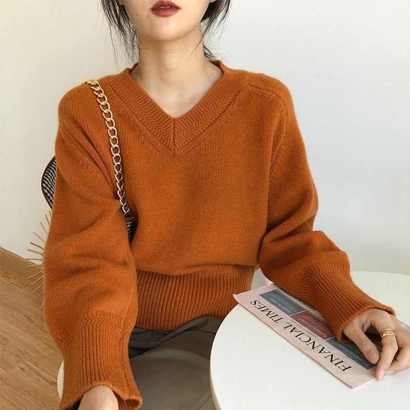 Solid Color Soft Waxy V-neck Sweater Women's Autumn and Winter Long-sleeved Outer Wear Pullover Top Bottoming Knitted Sweater