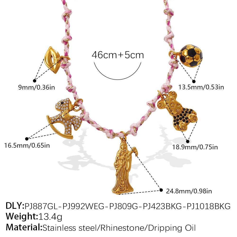 Pink rope bear strawberry necklace butterfly love diamond set sweet and cool niche neck chain bracelet set