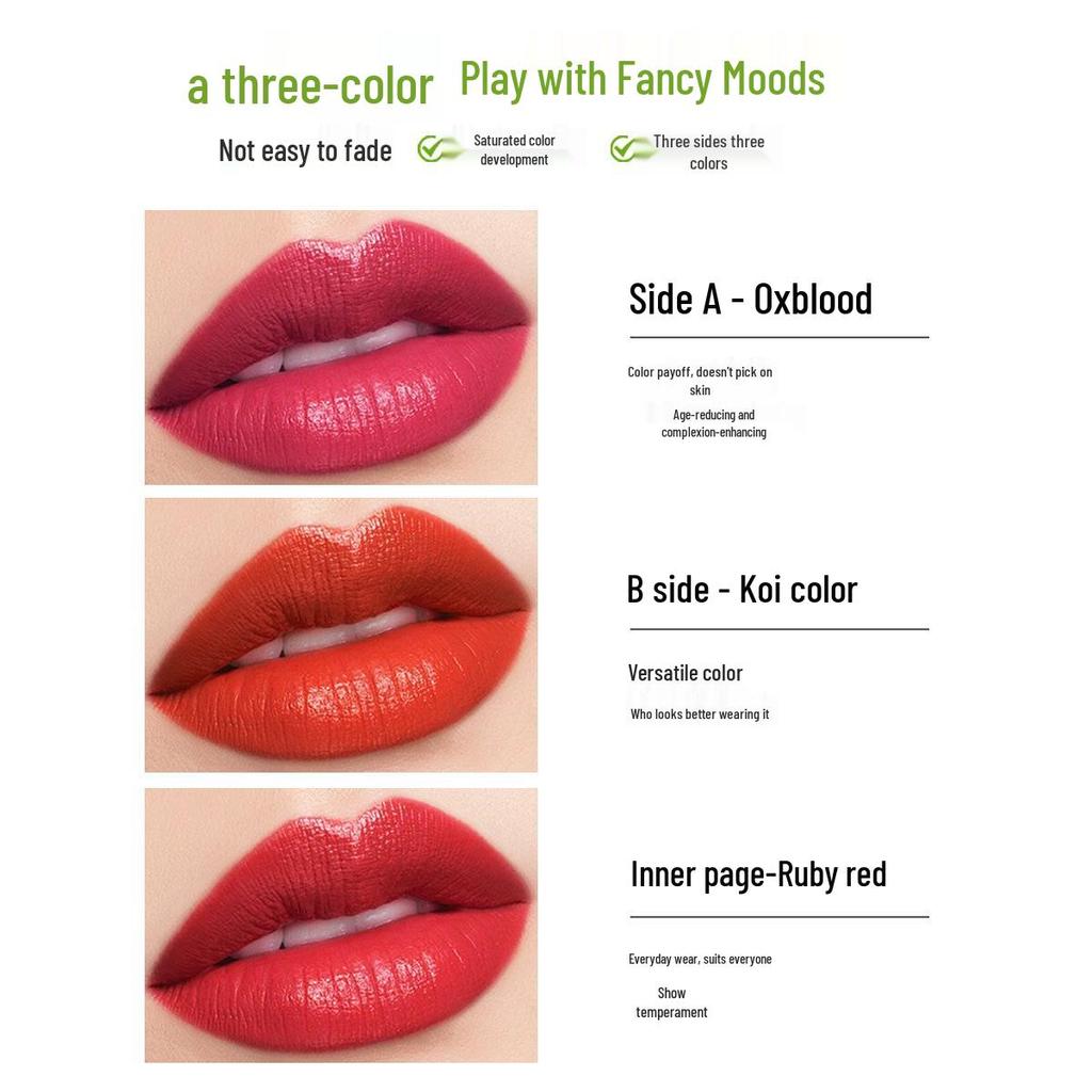 QXQY Three-Color Lipstick: Smooth, Richly Pigmented, Whitening, Moisturizing, Long-Lasting Matte, Color-Changing Lip Gloss.
