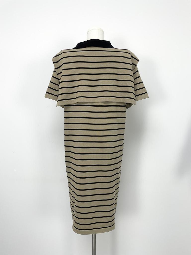 Solid Color Short Sleeve Maxi Dress with Shawl, Striped Plus Size Polo Collar Knitted Dress