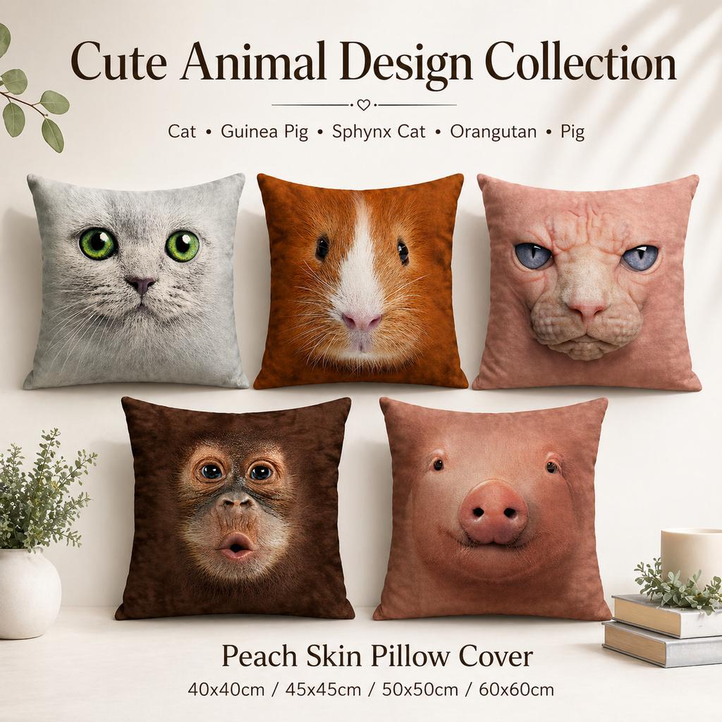 Realistic Animal Face Cushion Cover 2D Flat Print Cat Pig Orangutan Peach Skin Pillowcase For Sofa Living Room Home Decor 45X45