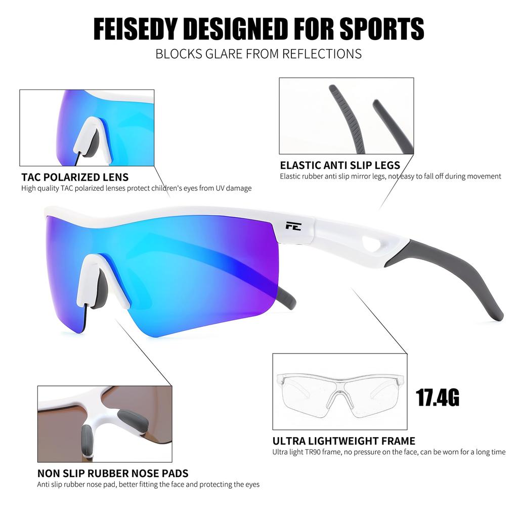 Feisedy Spor Polarize UV TR90 İçin Mükemmel ve B2454 Çocuk Güneş Gözlüğü, Camlar, Koruma, Ultra Hafif, Golf, Koşu, Beyzbol, Levrek, Balık Tutma,