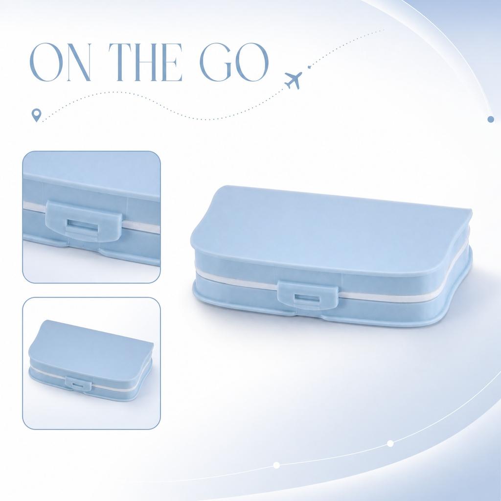 Portable Plastic Pill Organizer Four Compartment Travel Medicine Storage Box with Secure Snap Closure and Compact Design for Daily Use