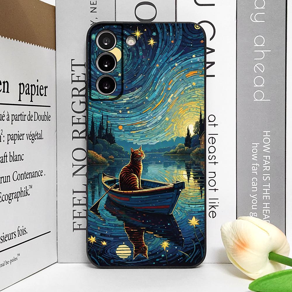 Cute Van-Gogh Starry Night Cat Phone Case for Samsung Galaxy S22 S23 S24 Ultra S25 Plus S21 FE 5G Soft Silicon Cover Fundas Capa