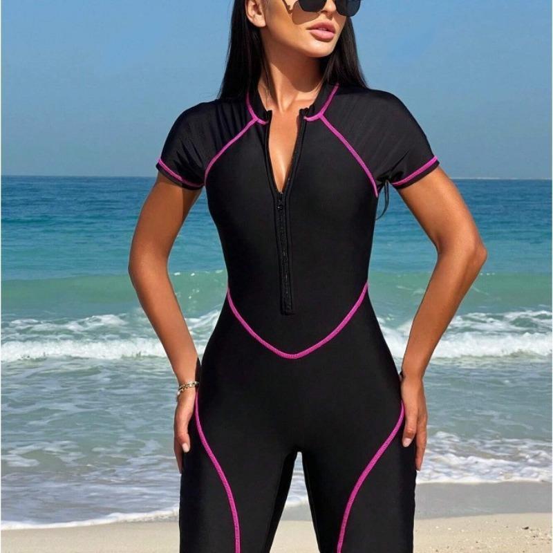 Women S Color Block Zip One Piece Swimsuit Bikini Surfing Suit