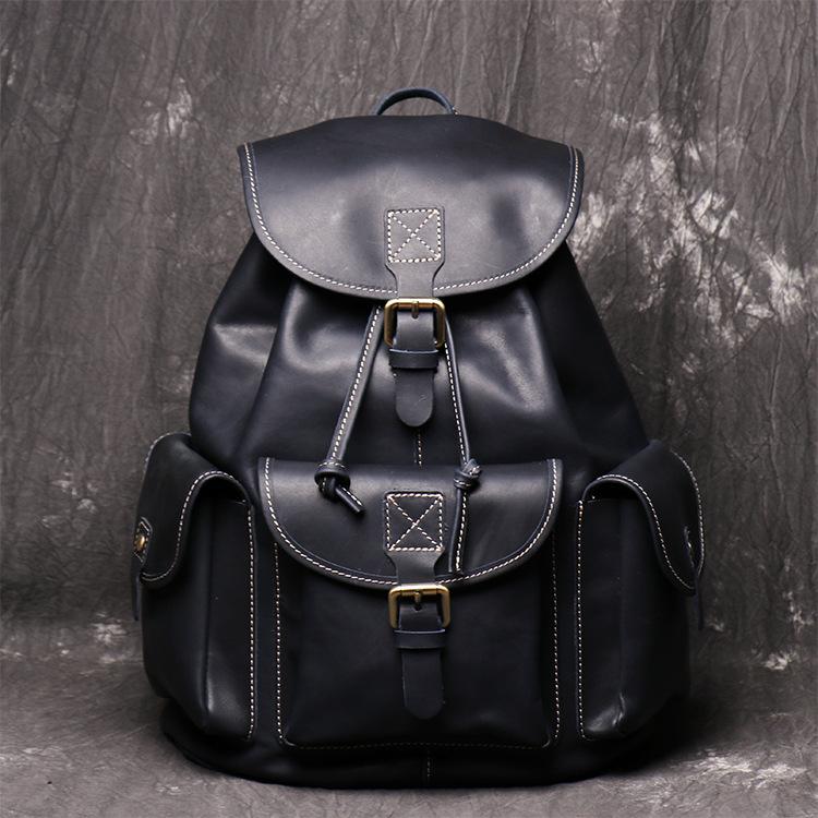 Men S Genuine Leather Backpack Women S Crazy Horse Leather Pumping Belt Personalized Travel Backpack Large Capacity Computer Bag