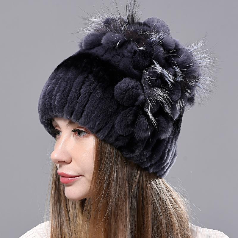 New Luxury Women Fur Hat For Winter Handmade Natural Rex Rabbit Fox Fur Cap Fluffy Female Fur Headgear Brand Warm Beanies Cap