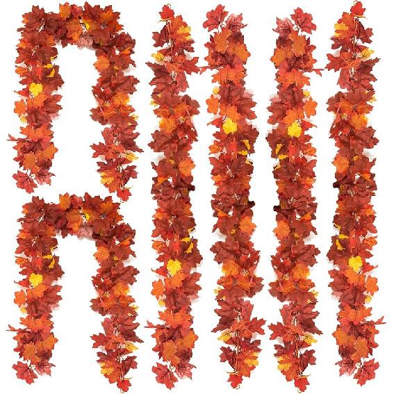 6PCS Fall Maple Leaves Garland, Party Joy 5.6Ft Artificial Maple Leaf Autumn Garland Hanging Fall Vines Table Decorations Front Door Fall Decor