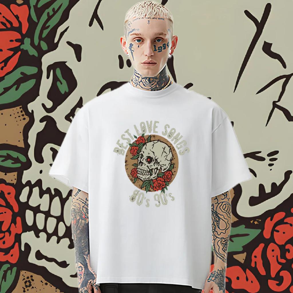 Skull O-Neck Tee Loose Oversize T Shirt American Retro Rapper Tops Classic Creative Cotton Clothes Fashion Men Tshirt DIY