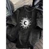 Boho Mystical Vintage Oversized Washed Black T-Shirt, Loose-Fit Celestial Sun Moon Stars Print Streetwear Tee for Men Women Daily Wear Cool Top