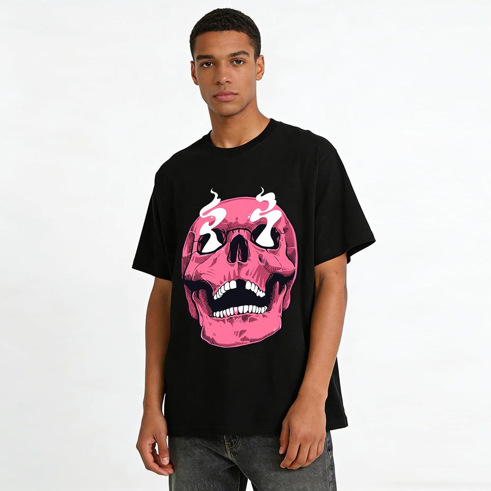 Trendy Pink Skull Number Print Casual Short Sleeve T-Shirt Pure Cotton T-shirt