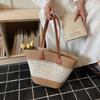 Handwoven Straw Tote Bag with Leather Handles Woven Pattern Summer Beach Bag Casual Everyday Use