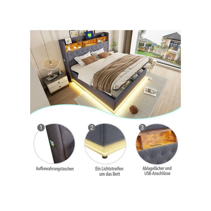 Lit rembourré - MUVOE - 180 x 200 cm - LED multicolores - Prise USB - Rangement hydraulique