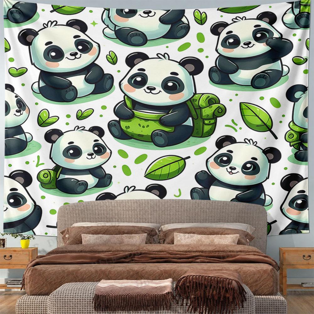 Cute Panda Pattern with Leaves & Backpacks Pattern Wall Hanging Tapestry Decorative Tapestry Home Decor for Bedroom and Living Room