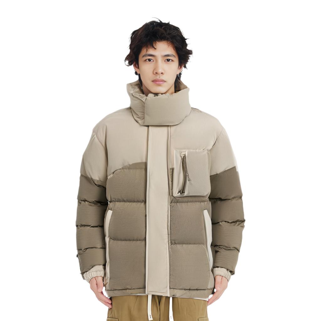 Li Ning Sports Basketball Series Color Block Warm Corduroy Loose High Neck Down Jacket Men Outerwear Beige AYMR223-4