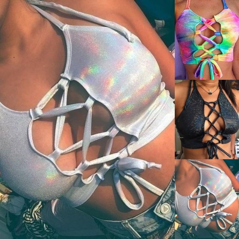 

Лето Женщины Мода Красочный жилет Выдолбленная шея Halter Шея Танк Топ Повязки Топы