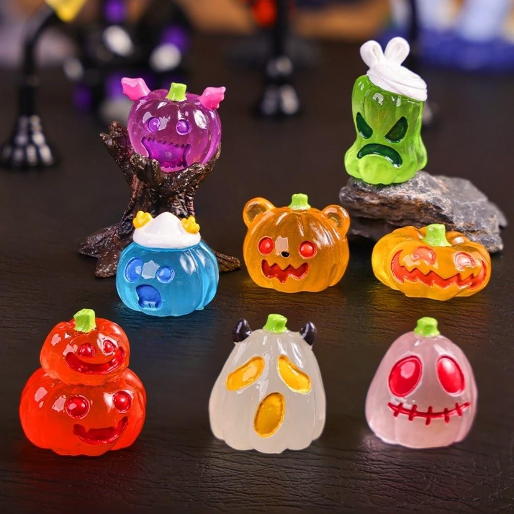 8pcs Luminous Pumpkin Ghost Miniatures Resin Craft Little Statue Halloween Figurines Desktop Decor