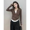 Waist pleated fake two-piece top women's spring semi-zipper irregular long-sleeved T-shirt design sense top tide