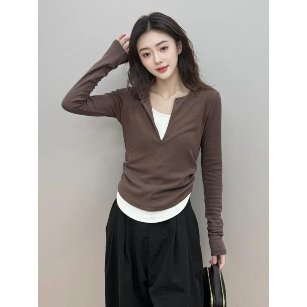Waist pleated fake two-piece top women's spring semi-zipper irregular long-sleeved T-shirt design sense top tide
