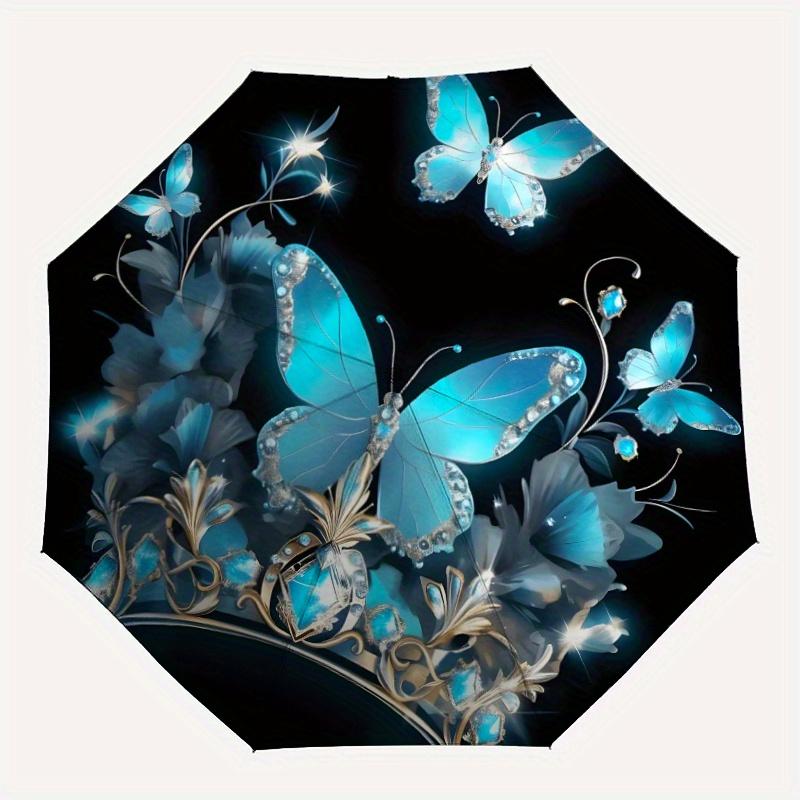1pc Automatic Open/Close Umbrella with Crown & Butterfly Design - Lightweight Portable 8-Rib Iron Frame, Elegant Blue Butterfl