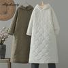 Korean Fashion Autumn Winter Women Hooded Parka Plus Size Beige Khaki Padded Thick Warm Outerwear Oversized Long Sleeve Midi Dress