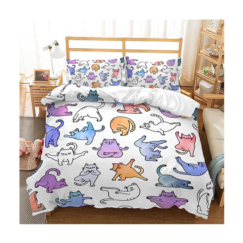 Color Cartoon Cute Kitten Duvet Set Digital Printing Three-Piece Bedding Set