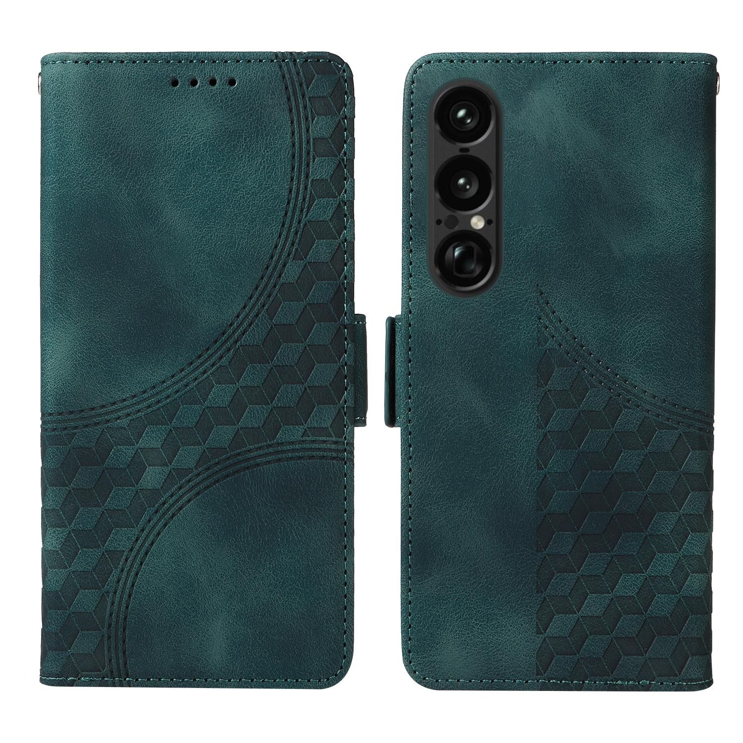 

For Sony Xperia 1 VII Leather Cases Wallet Rhombus Imprinted Phone Cover Stand with Strap Green