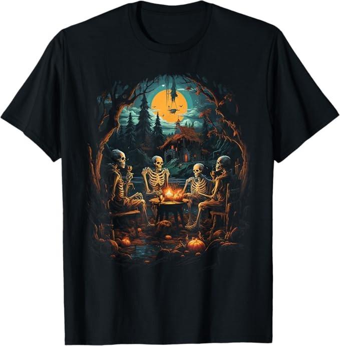Vintage Ghost and Skeleton Fire Camping Gothic Halloween T-Shirt
