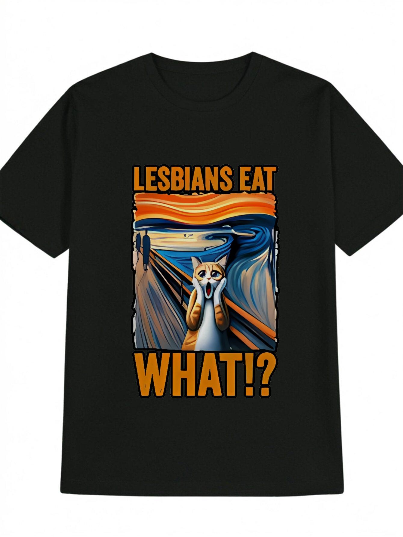 Casual Graphic T-shirt with  Lesbians Eat What?  Slogan & Cat Art - Black Round Neck Summer Tee S