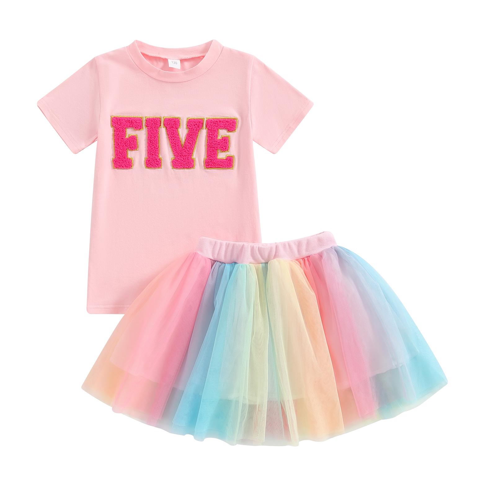 

Toddler Girls 2Pcs Summer Outfits Short Sleeve Letter Embroidery Tops + Tutu Skirt Set Baby Clothes 5-6 Years розовый