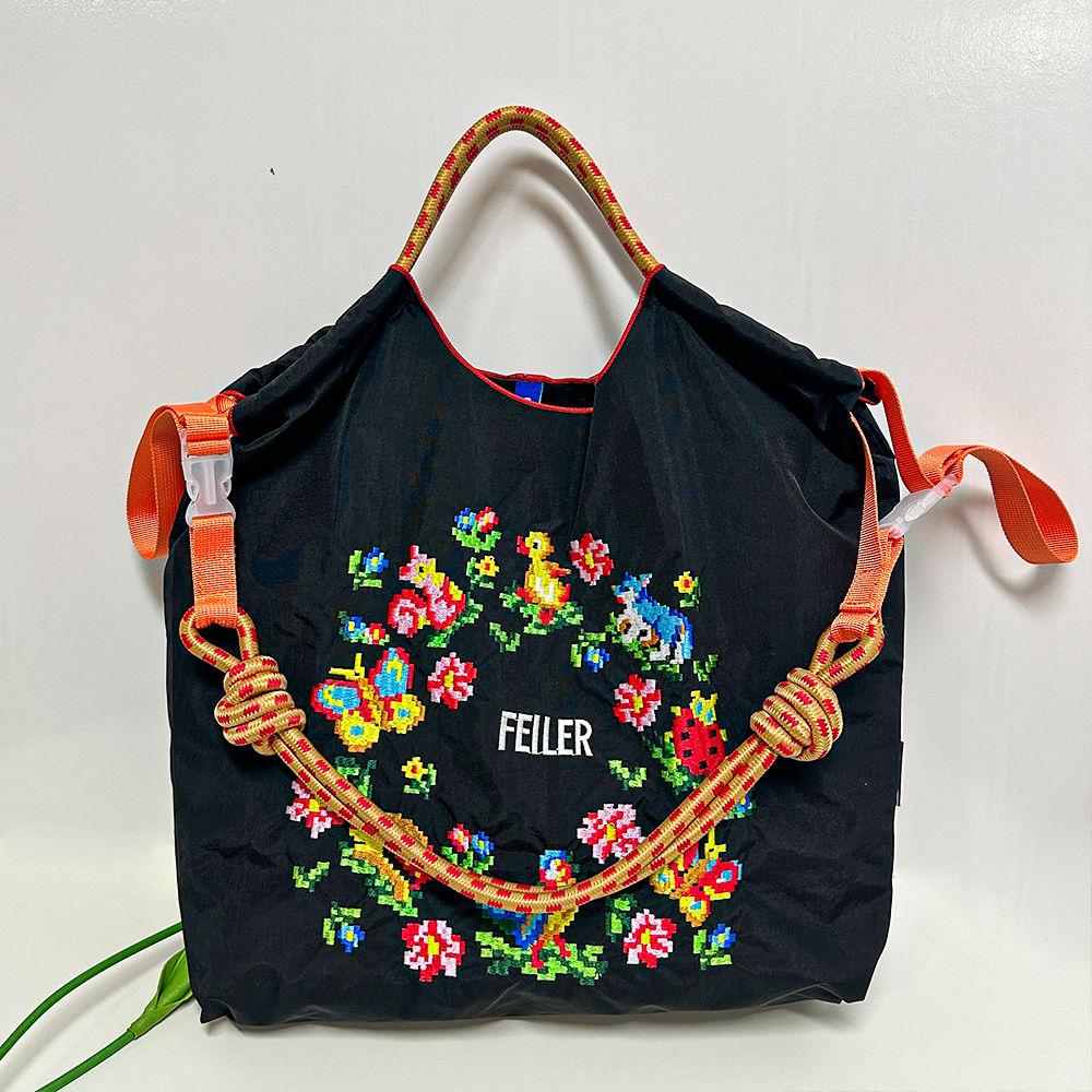 Japanese-Style Embroidered Eco Nylon Shopping Bag - Large Capacity Crossbody/Handheld/Shoulder Tote