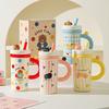 Large Capacity Cartoon Straw Cup with Lid Cute Mug High Value Kitten Animal Ceramic Cup Set Gift