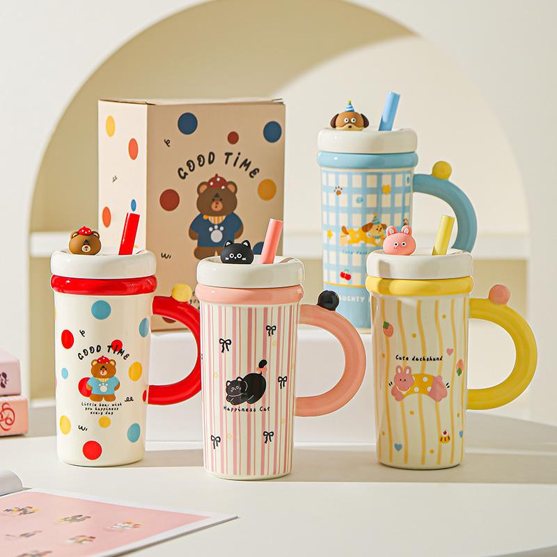 Large Capacity Cartoon Straw Cup with Lid Cute Mug High value Kitten Animal Ceramic Cup Set Gift