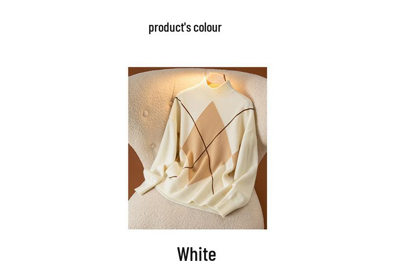 2024 Autumn Women's High Neck Diamond Pattern Wool Sweater - Stylish Versatile Knit Top