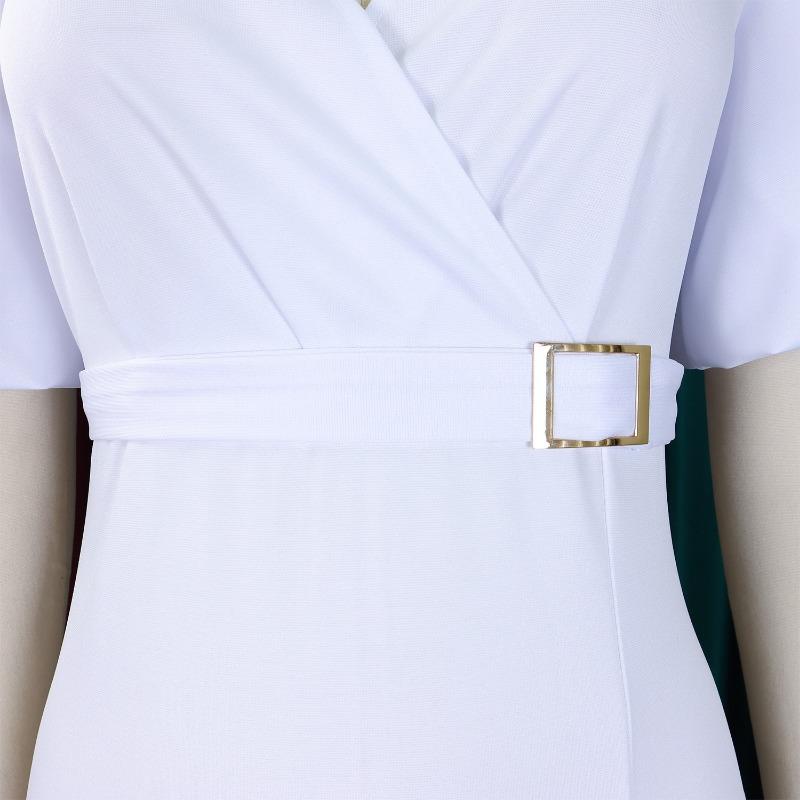 Women Fashion V Neck Puff Sleeve Solid High Waist Slit Bodycon Midi Dress