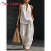 Cotton Linen Blend Sleeveless Pantsuit With Patching For Casual Women Spring Summer