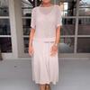 2 Pcs/Set Women Top Dress Set Hollow Out Knitted Round Neck Short Sleeve Top V Neck A-line Sleeveless Sundress Lady Midi Dress C