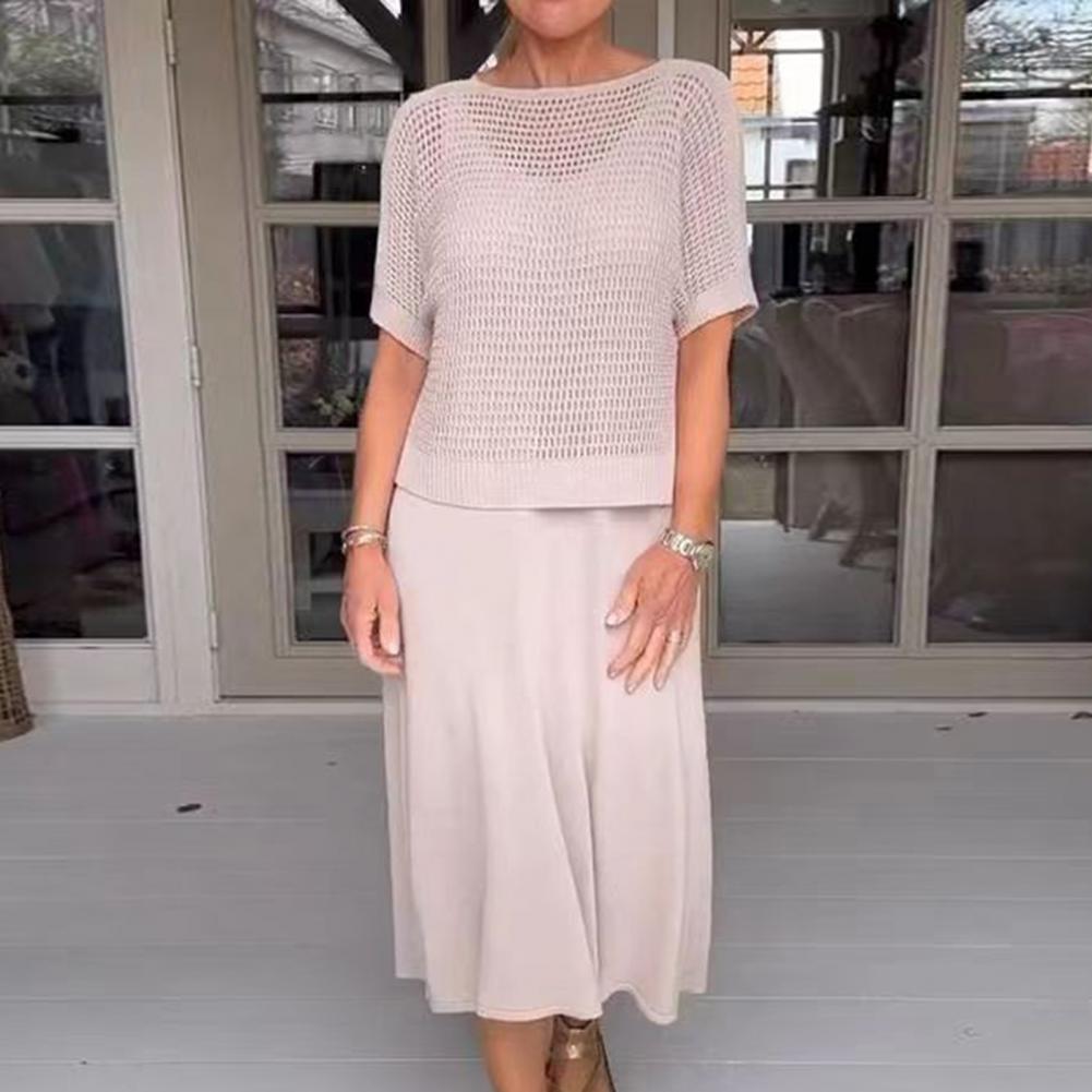 2 Pcs/Set Women Top Dress Set Hollow Out Knitted Round Neck Short Sleeve Top V Neck A-line Sleeveless Sundress Lady Midi Dress C