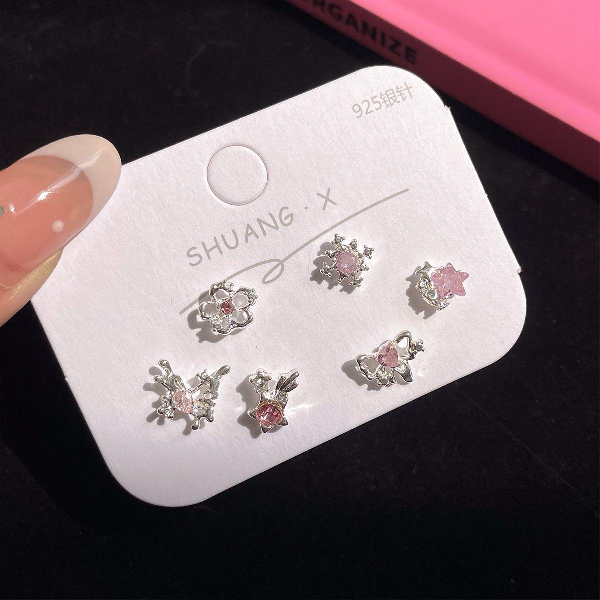 

3pcs Set Exquisite Sweet Geometric Flower Pink Star Heart Zircon Tassel Stud Earrings for Women Fashion Daily Wear Jewelry Sets