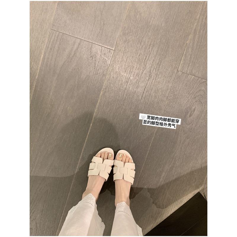 Sheepskin~ Lady dragging holiday wind woven slippers women's summer thick heel leather one-word cool slippers outside