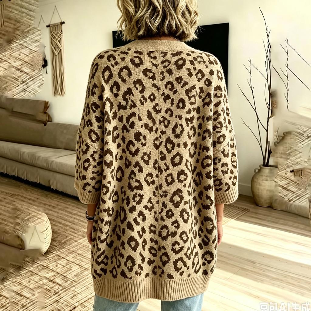 Women's Leopard Print Knit Cardigan Casual Open Front Sweater