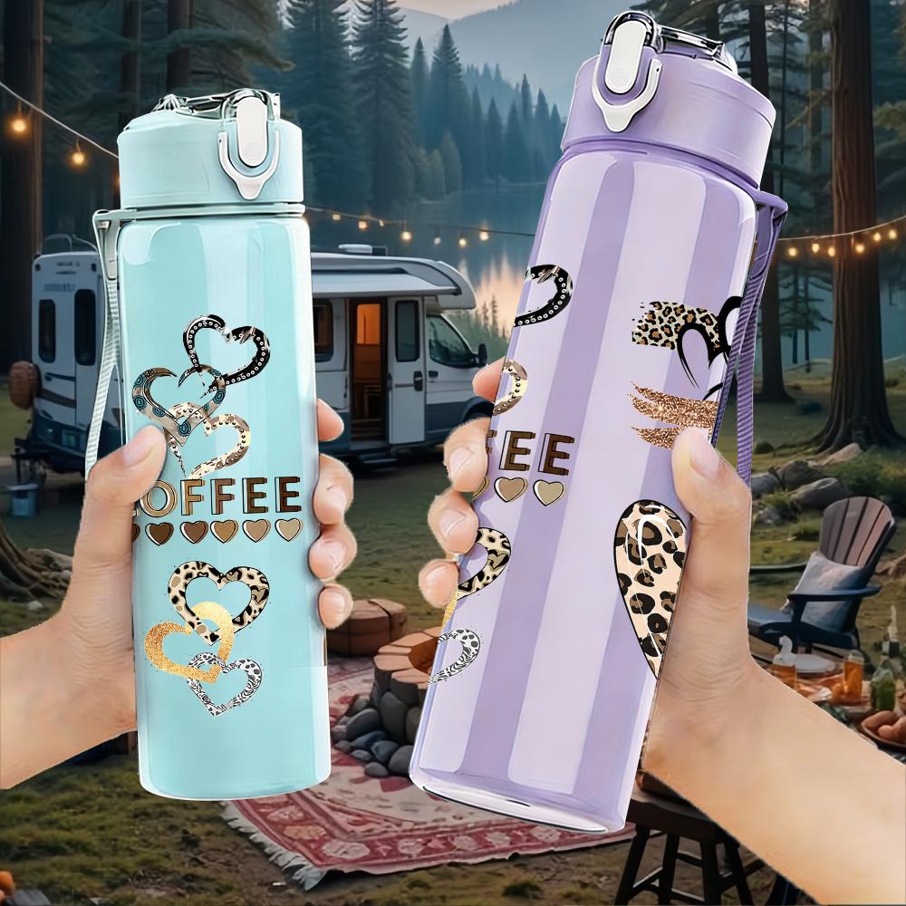 1PC Coffee Cup Heart Collage Graphic,750ml Color Plastic Sports Water Bottle,Leakproof Flip Straw Lid,Suitable for Sports Office Home Use