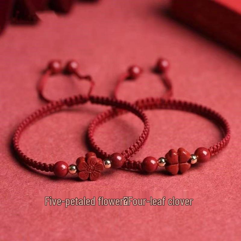 Handmade Lucky Cinnabar Clover & Flower Braided Red Rope Bracelet