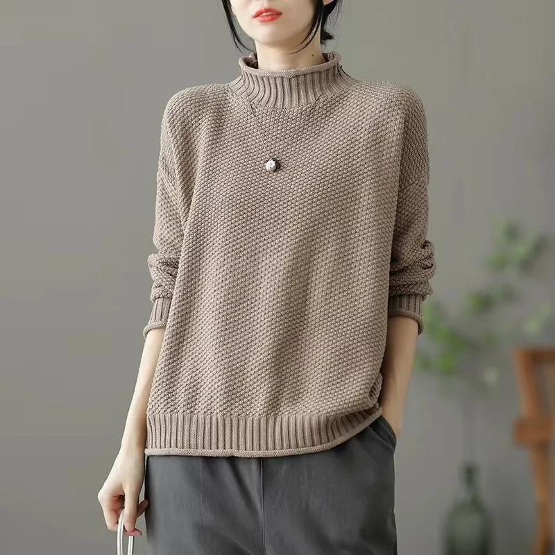 Retro Half-turtleneck Long-sleeved Sweater Women's Bottoming Shirt Tops Autumn and Winter Loose Sweater Women
